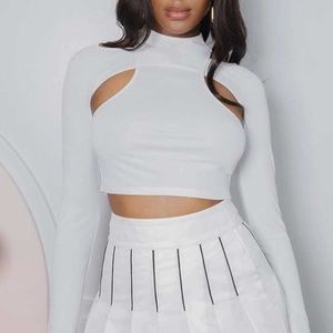 White cutout cropped long sleeve shirt